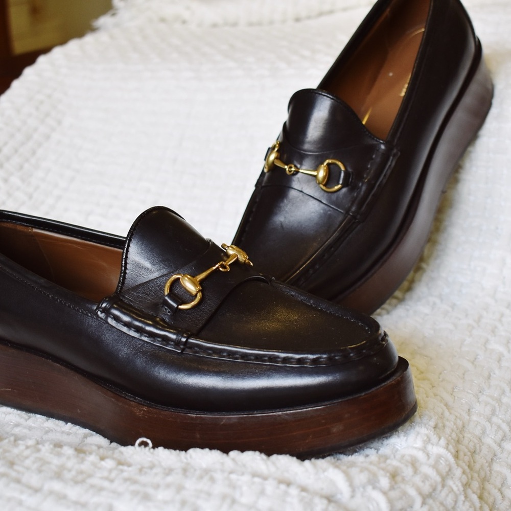 Gucci Black Leather Horsebit Wooden Platform Slip On